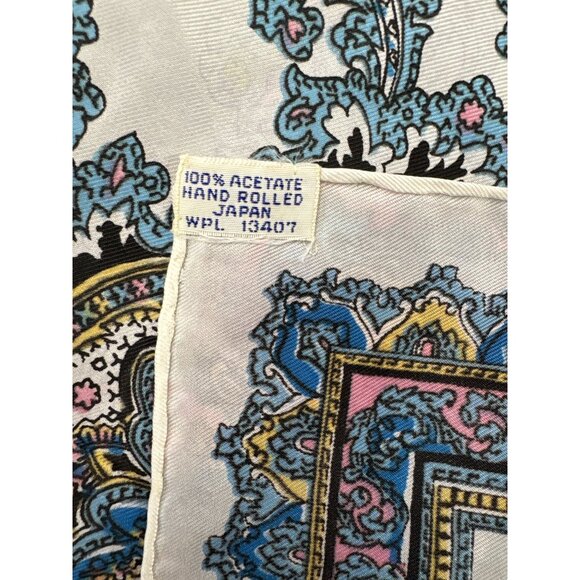 Vintage Hand-Rolled 100% Acetate Scarf Japan Paisley Print 17x44in White Blue Pi